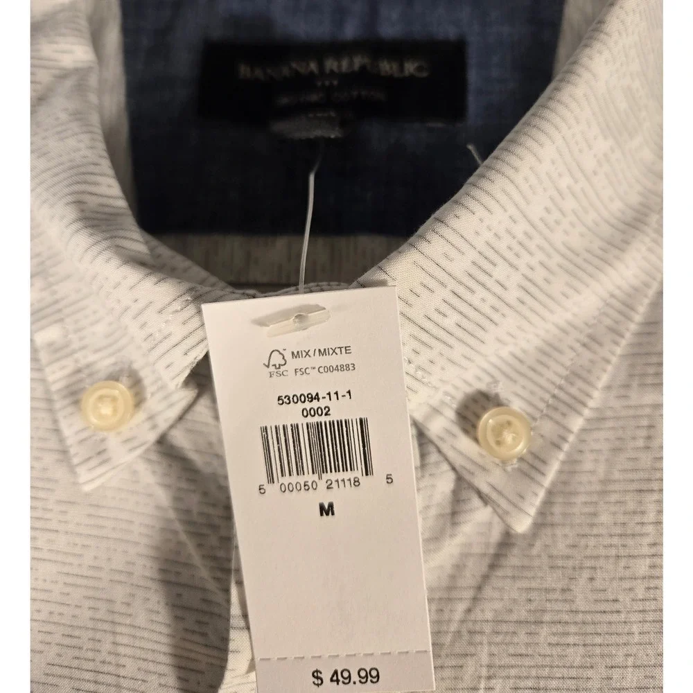 Banana Republic Mens Slim Fit Short Sleeve Button Down Shirt Grey White Medium